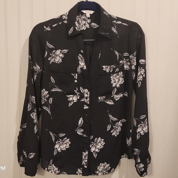 Candies Black Floral Button Down Long Sleeve XS - Picture 1 of 5
